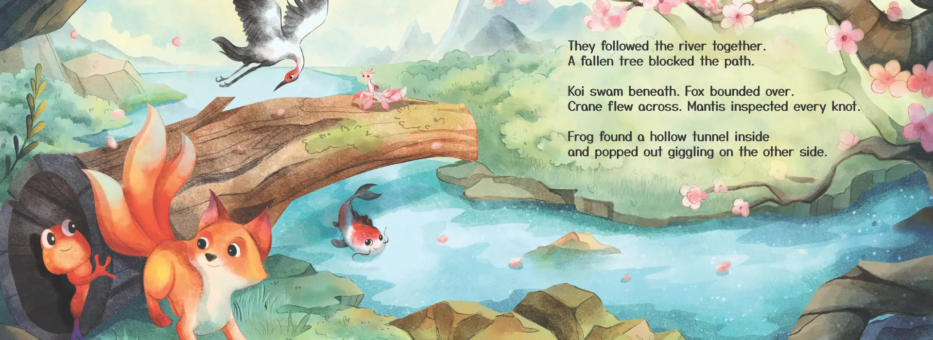 Illustrated scene with animals by a river, featuring text.