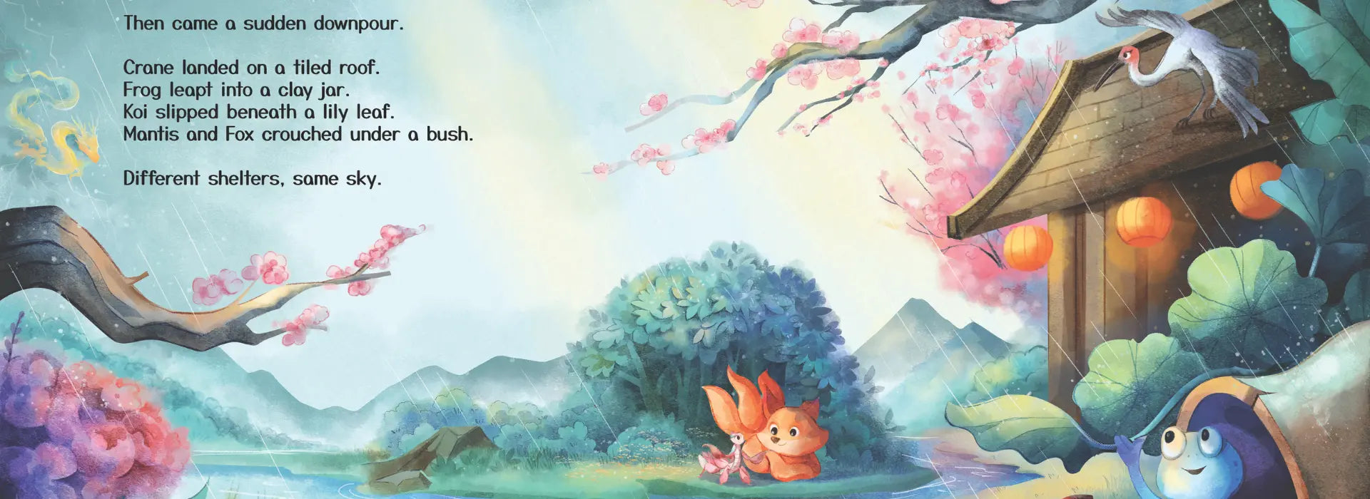 Illustrated children's book page with a fox character and traditional Japanese house.