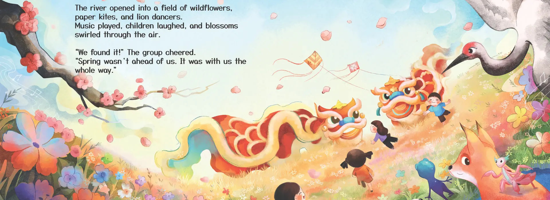 Colorful illustration of a dragon and children in a field with flowers and birds.