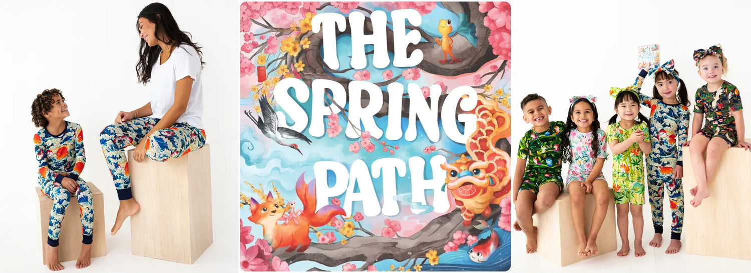 Three-panel spring banner showing a mother and child in floral pajamas, the cover of 'The Spring Path' book, and five children wearing matching floral spring outfits