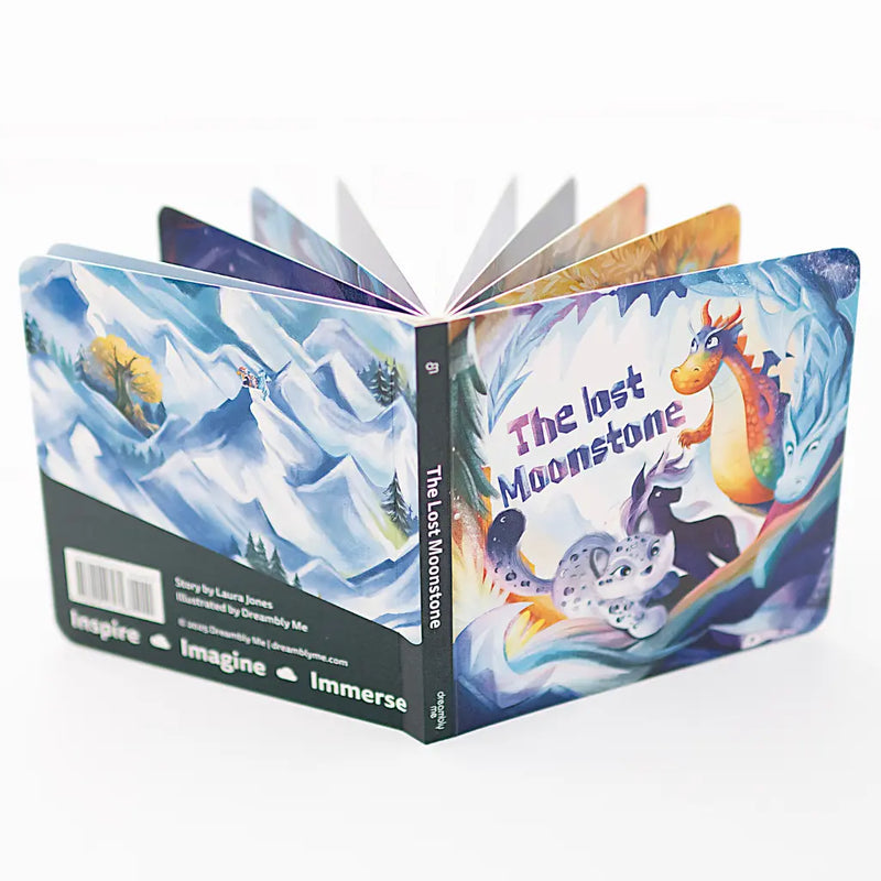 Children's book titled 'The Lost Moonstone' with colorful illustrations on a white background