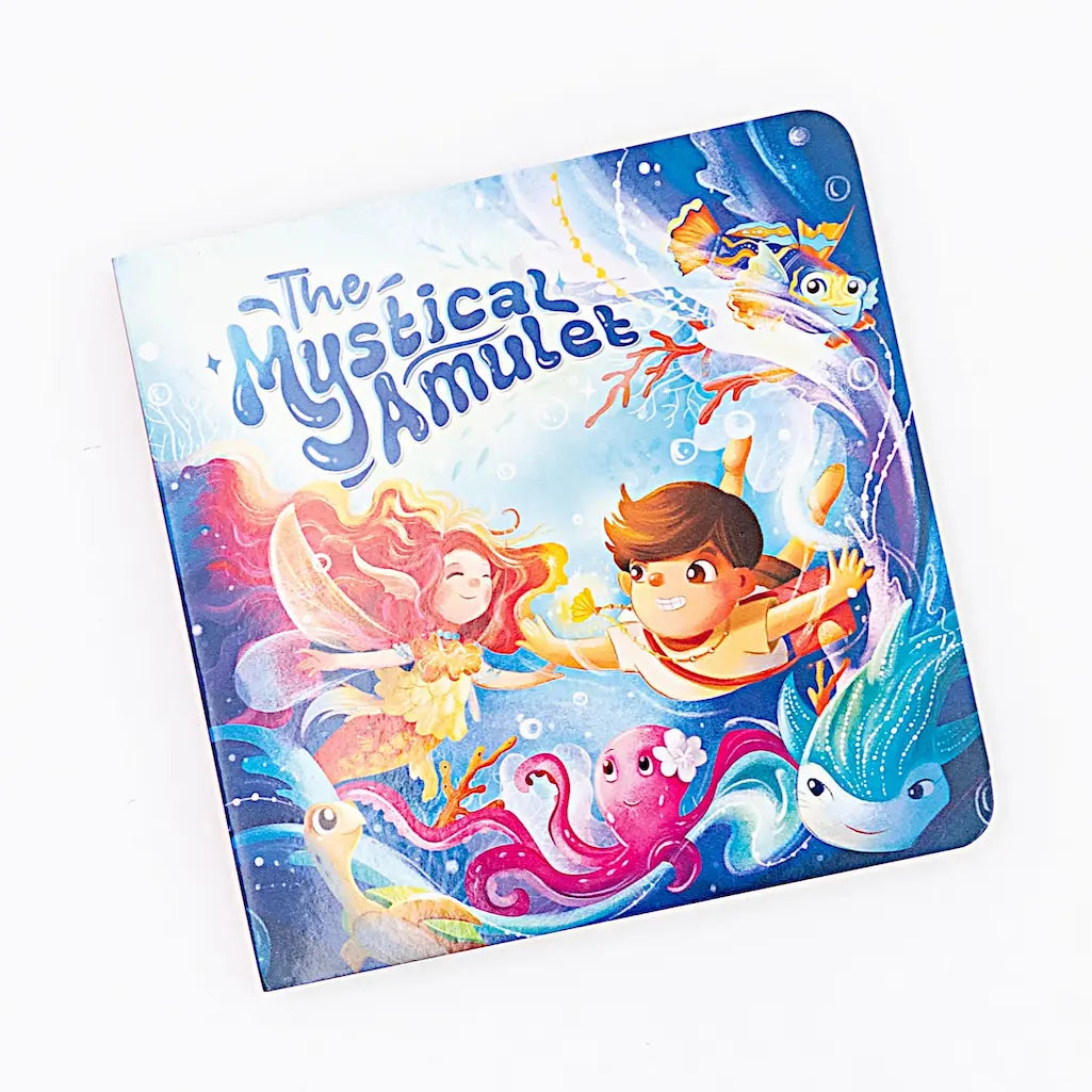 Illustrated children's storybook spread featuring magical underwater adventure scenes with colorful sea creatures for The Mystical Amulet storybook