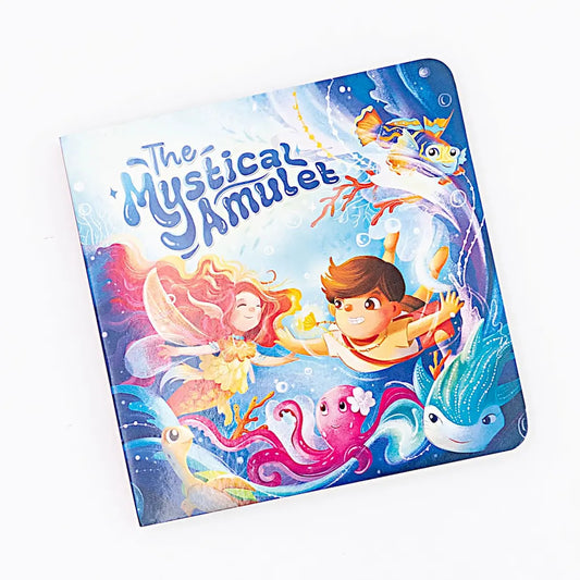 Illustrated children's storybook spread featuring magical underwater adventure scenes with colorful sea creatures for The Mystical Amulet storybook