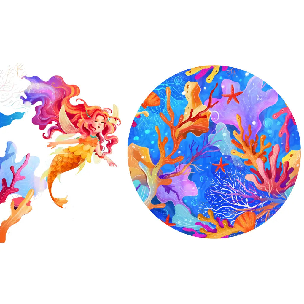 A colorful blanket with a underwater reef design, featuring vibrant corals, starfish, and sea plants in a circular pattern.
