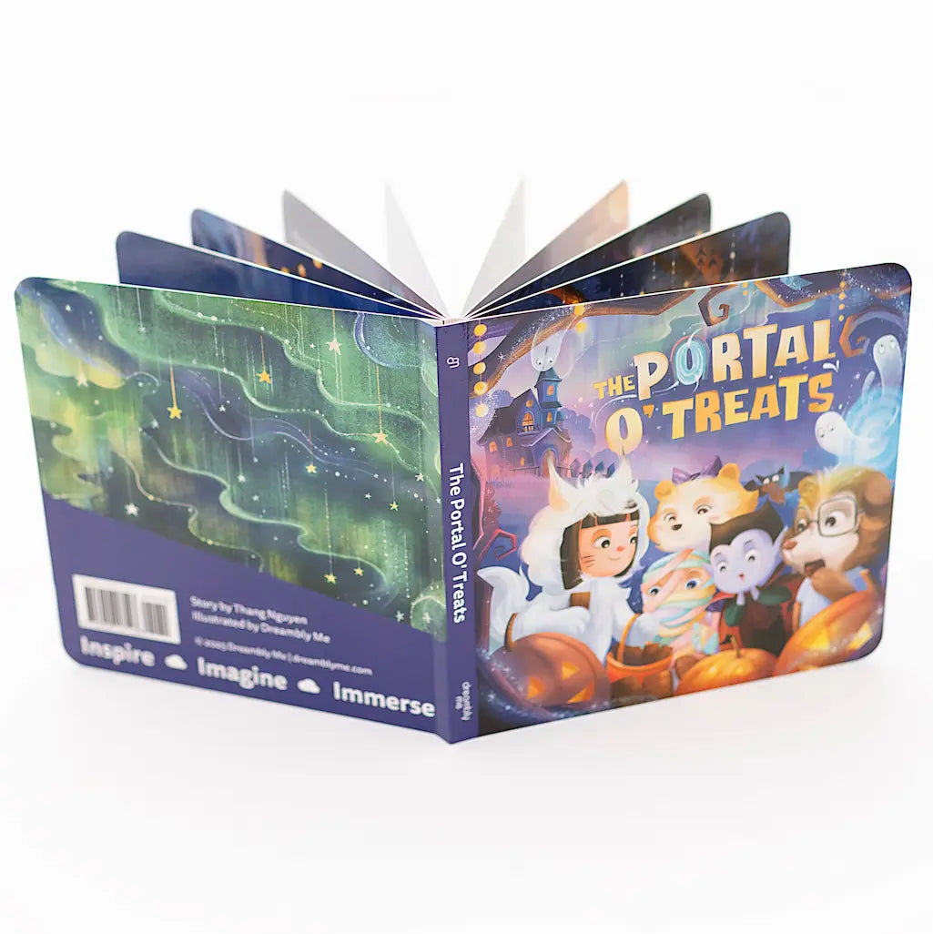 Opened children's book titled 'The Portal O' Treats' with vibrant Halloween-themed illustrations on a white background