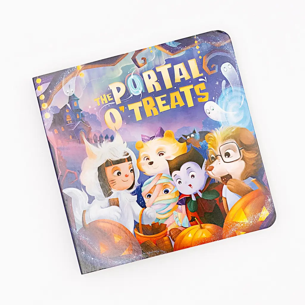 Halloween-themed product packaging for 'The Portal O' Treats' featuring cartoon characters against a white background
