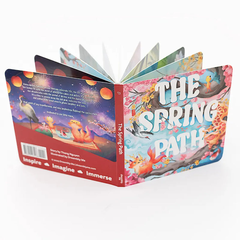Open book titled 'The Spring Path' with colorful illustrations on a white background