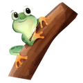 Illustration of a green frog with orange feet climbing on a brown branch.