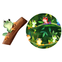 Illustration of a green tree frog on a branch beside a round swatch of a leafy green print with frogs.