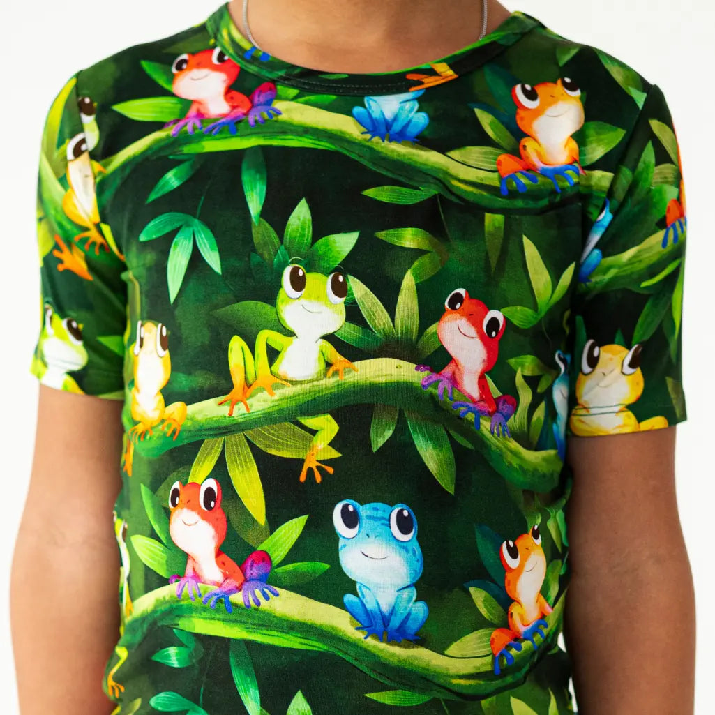 T-shirt with colorful frog pattern on a green background