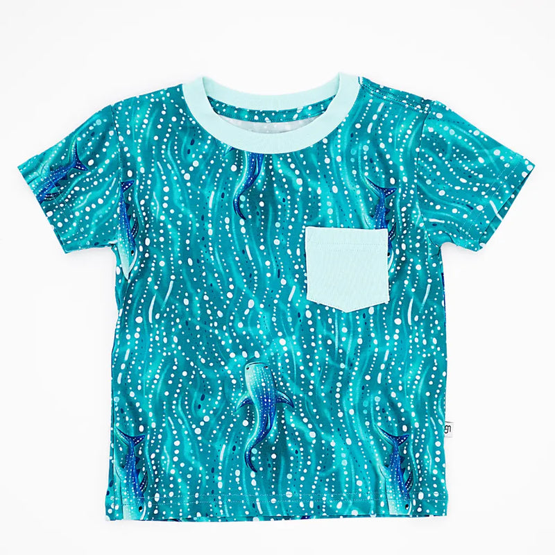 Children's t-shirt with blue sea-themed design on a white background