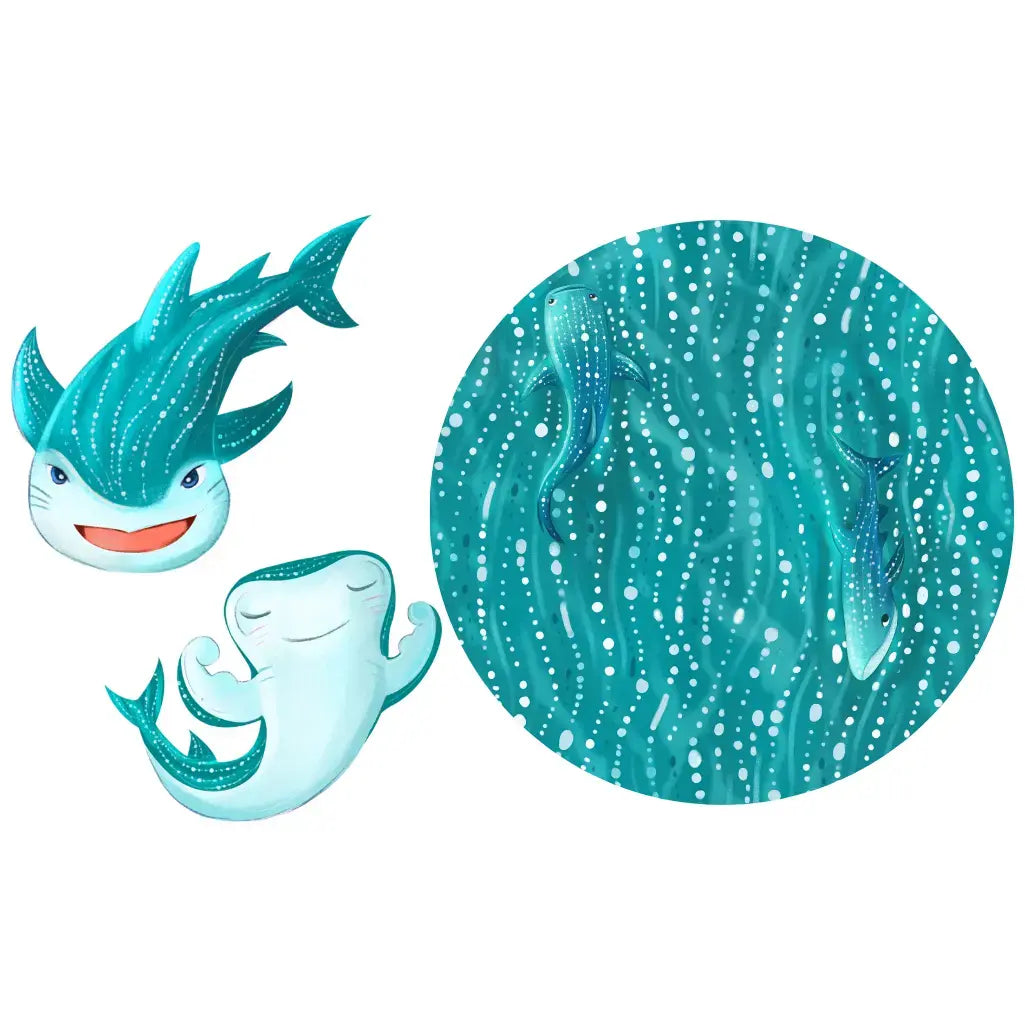 Illustration of a cartoon whale shark with white spots on a teal background, alongside a roundel featuring a similar design.
