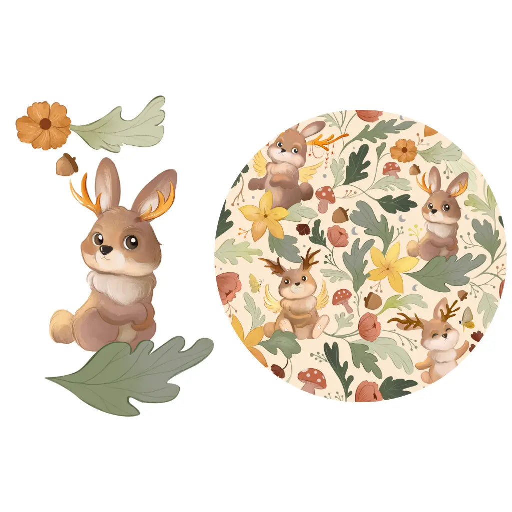 Illustration of an antlered rabbit beside a circular swatch of a cream woodland print with jackalopes, leaves, flowers, and mushrooms.