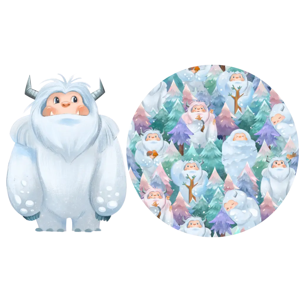 Illustration of a white yeti beside a round swatch of a print with friendly yetis among teal, blue and purple pine trees.