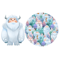 Illustration of a white yeti beside a round swatch of a print with friendly yetis among teal, blue and purple pine trees.