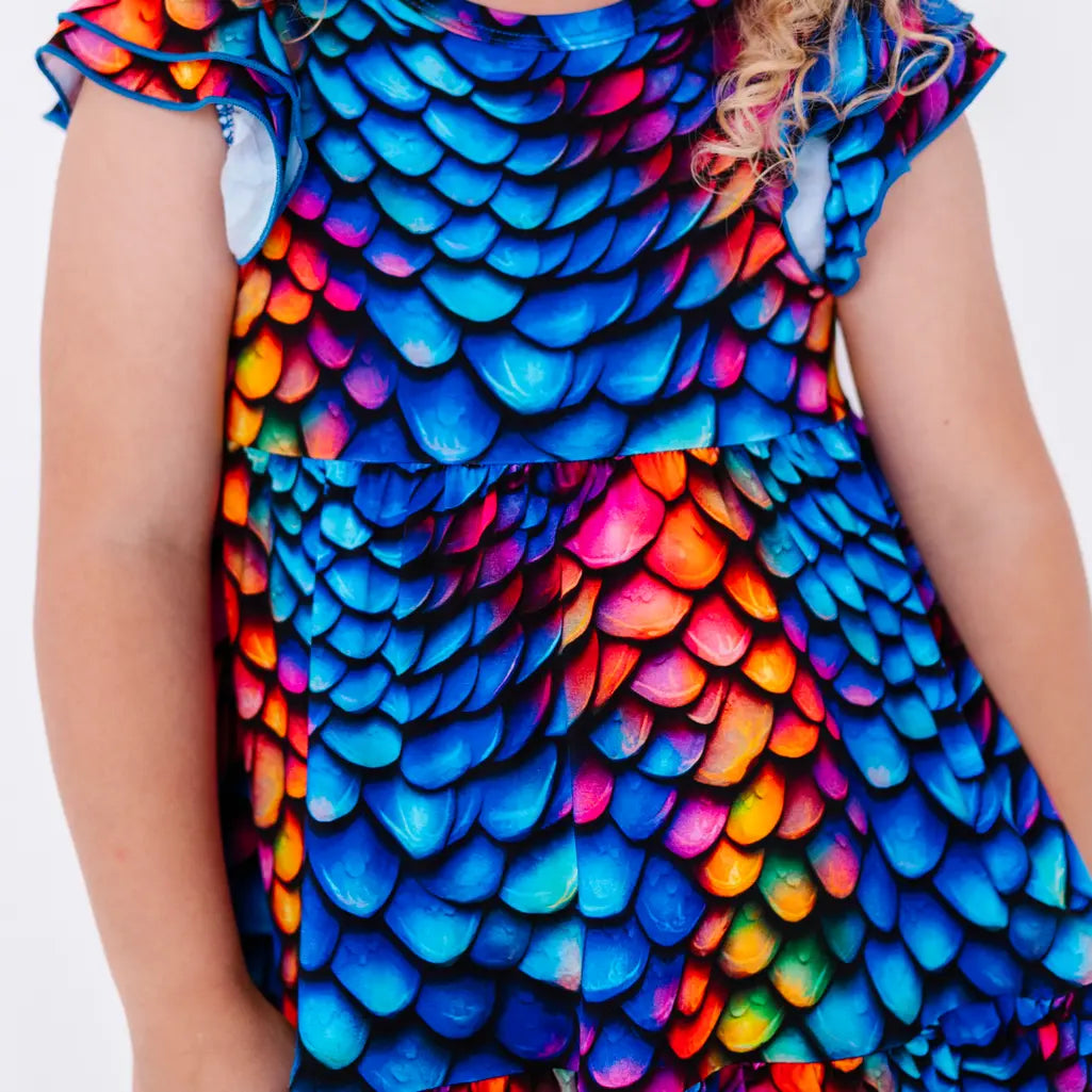 Close up of the front of a flutter sleeve peplum top in a rainbow dragon scale print.