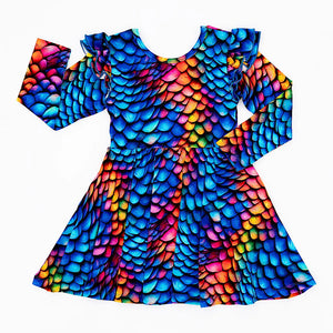 Fynn the Dragon Long Sleeve Flutter Twirl Dress
