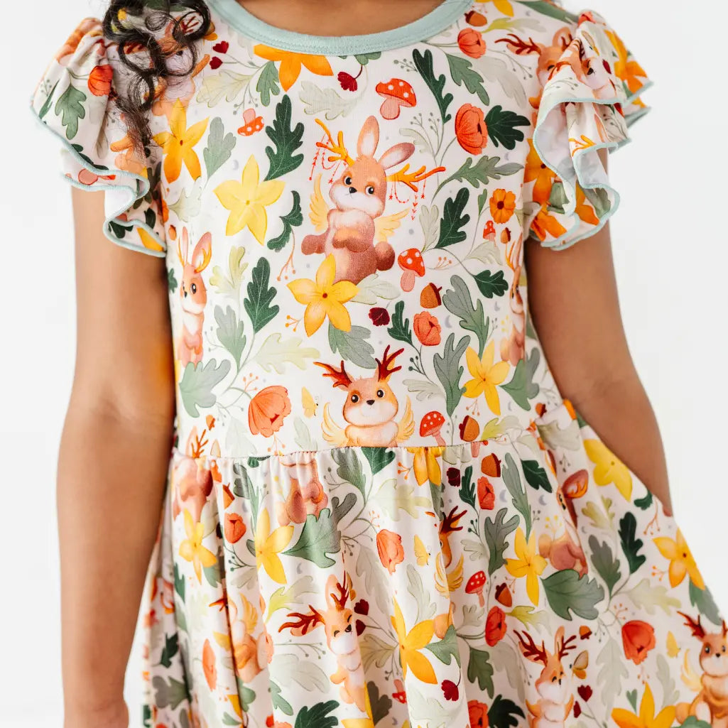 A close up of the bodice of a flutter sleeve dress worn by a child, printed with antlered bunnies and yellow flowers.