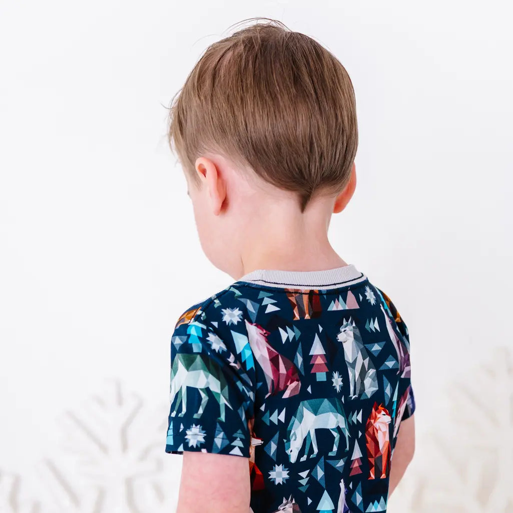 Back view of the head and shoulders of a child in a short sleeve tee with a cream ribbed collar in a navy print of geometric wolves, triangle pine trees, and snowflakes.