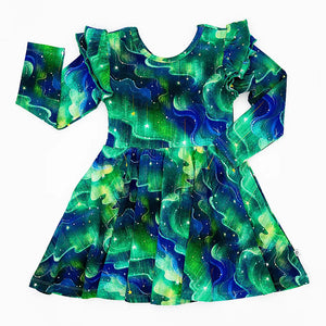 The Dancing Lights Long Sleeve Flutter Twirl Dress